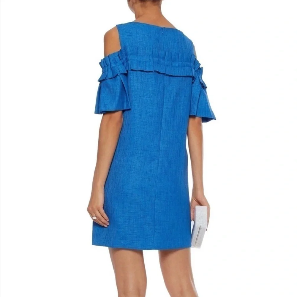 Badgley Mischka Blue Ruffle Sleeve Cold Shoulder woven dress size 4 - Picture 2 of 10